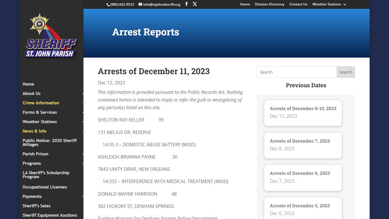 Arrest Reports | St. John Parish Sheriff's Office
