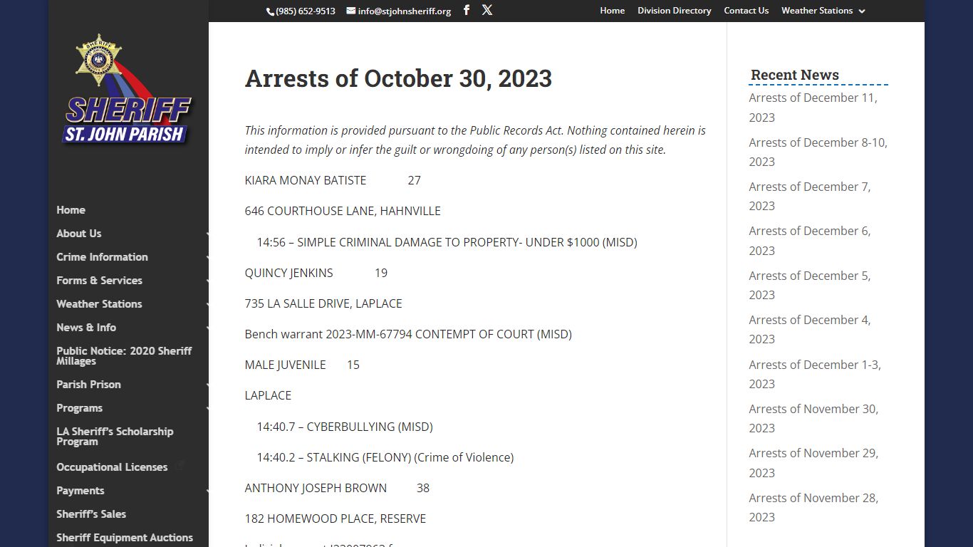 Arrests of October 30, 2023 | St. John Parish Sheriff's Office
